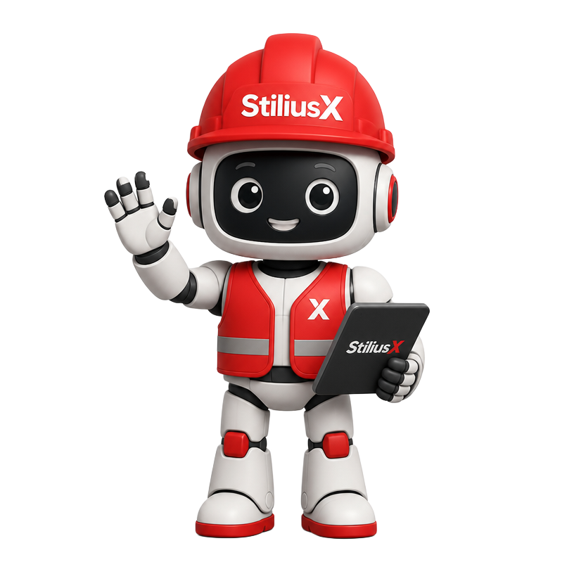 StiliusX AI konsultantas – robotukas darbininkas su šalmu